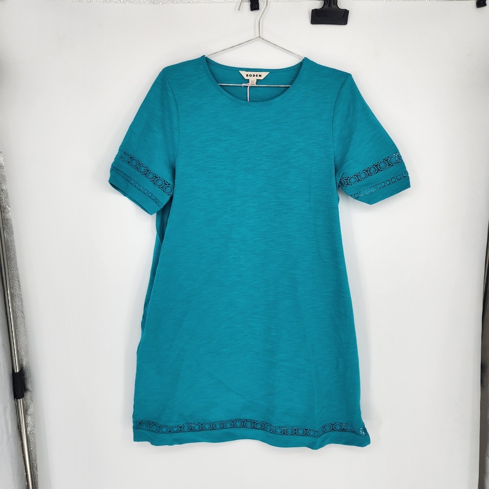 Boden Teal Blue Slub Cotton Crochet Lace Trim Shift Dress US 10P D1601 DBL